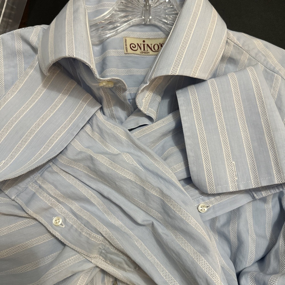 Ninos London Shirt Mens 17 1/2 4 Blue/wht LongSleeve Button Down Textured Italy